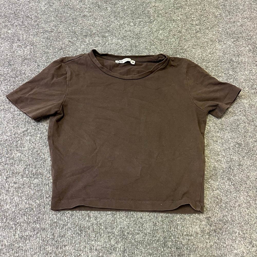 Zara T-Shirt Womens Size XS Brown Crop Top Slim Fit Short Sleeve Basic Crew Neck